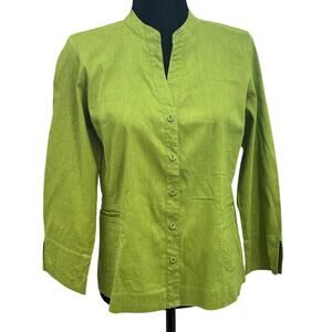 Eileen Fisher Green Linen Blend Button Down Top Petite Medium
